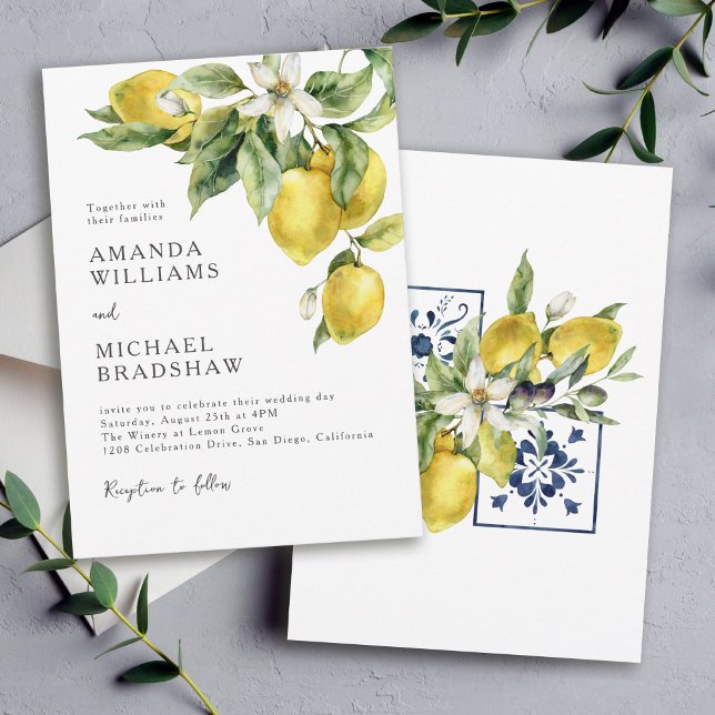 Rustic Boho Watercolor Lemons Citrus Wedding Invitation (Available in both printed and digital download formats.)