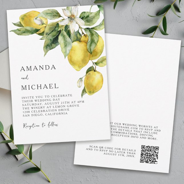 Rustic Boho Watercolor Lemons Citrus Wedding Invitation (Available in both printed and digital download formats.)