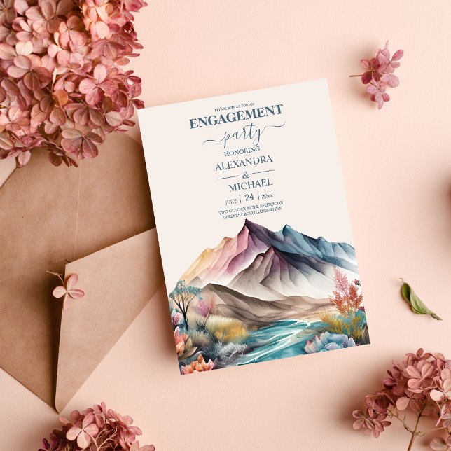 Rustic Boho Watercolor Mountain Engagement Invitat Invitation (Creator Uploaded)