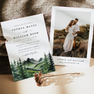 Rustic Boho Watercolor Mountain Wedding Invitation