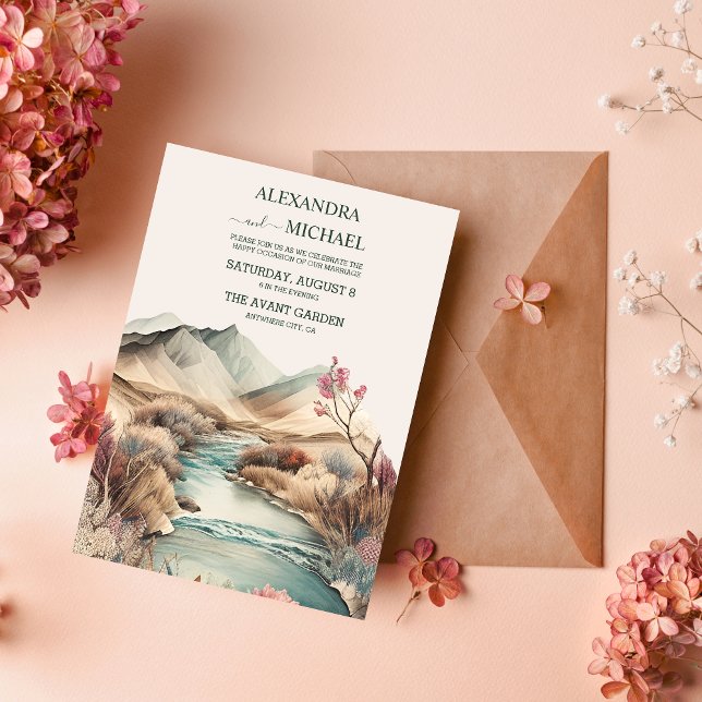 Rustic Boho Watercolor Mountain Wedding Invitation (Creator Uploaded)