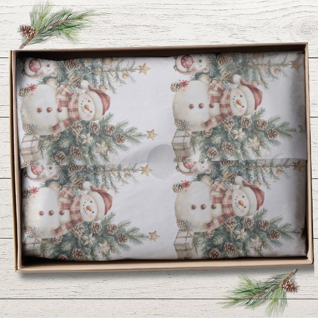 Rustic BOHO Watercolor Snowman Christmas Tissue Paper (Rustic Woodland BOHO Snowman with Christmas Tree and festive hedgehog tissue paper.)