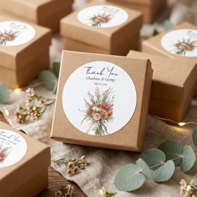 Rustic Boho Wedding Bouquet Flower Wedding Favour Classic Round Sticker (Creator Uploaded)