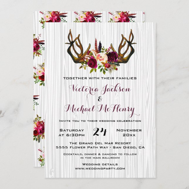 Rustic Boho Wedding Invitation with deer antlers (Front/Back)