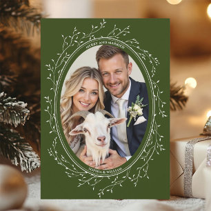Rustic Boho Wedding Photo Merry and Married Green Holiday Card