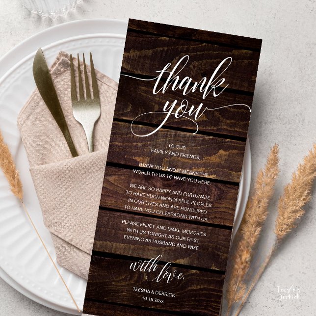 Rustic Boho Wedding Reception Thank You Card (Modern Rustic Wedding Reception Dinner Lunch Brunch Thank You Card Dark Wood)