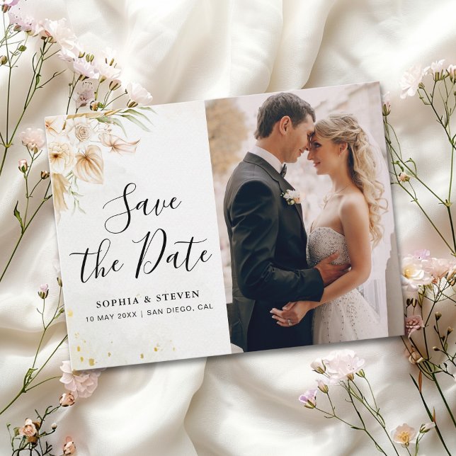 Rustic Boho Wedding with Neutral and Golden Floral Postcard (Creator Uploaded)