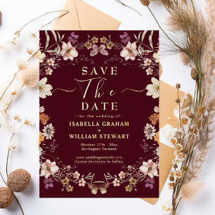 Rustic Boho Wildflower Burgundy Save The Date