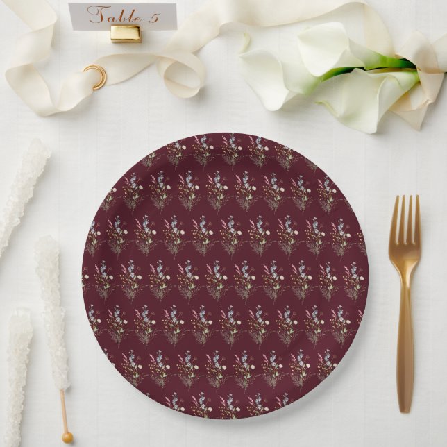 Rustic Boho Wildflower Chic Burgundy Bidal Shower Paper Plate (Wedding)
