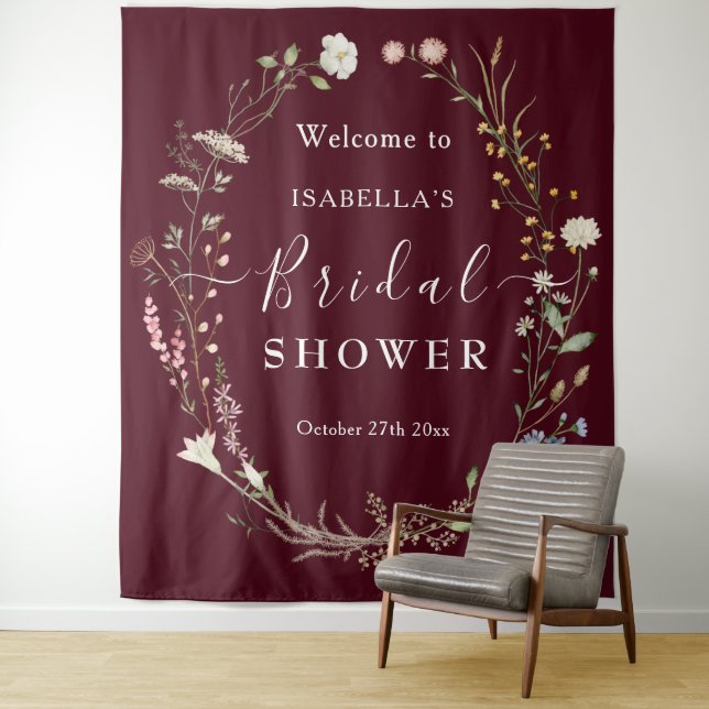 Rustic Boho Wildflower Chic Burgundy Bidal Shower  Tapestry (In Situ)