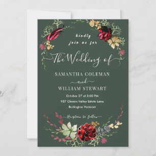 Rustic Boho Wildflower Elegant Dark Green Wedding Invitation