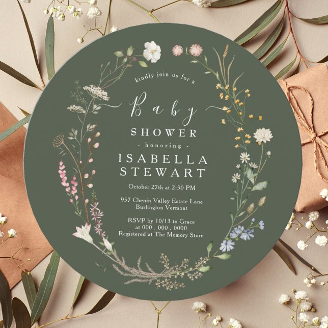 Rustic Boho Wildflower Forest Green Baby Shower Invitation (Creator Uploaded)