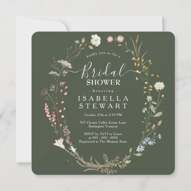 Rustic Boho Wildflower Forest Green Bridal Shower Invitation (Front)