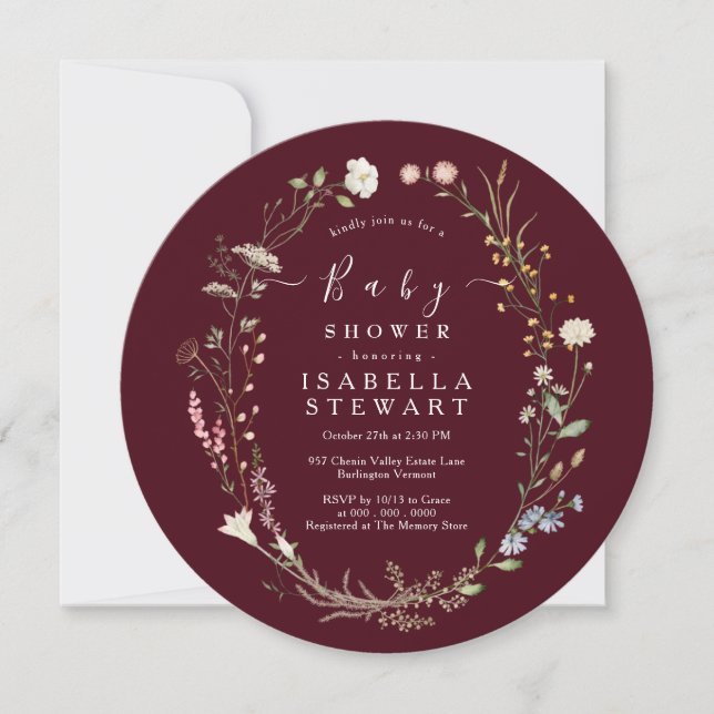 Rustic Boho Wildflower Modern Burgundy Baby Shower Invitation (Front)