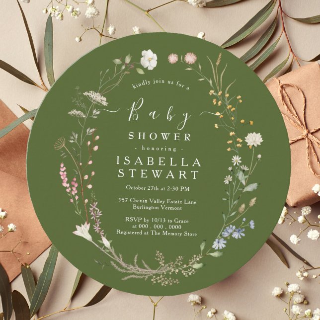 Rustic Boho Wildflower Moss Green Baby Shower Invitation (Creator Uploaded)