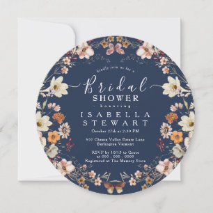 Rustic Boho Wildflower Navy Blue Bridal Shower Invitation