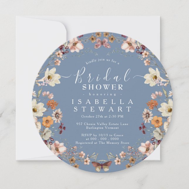 Rustic Boho Wildflower Periwinkle Bridal Shower Invitation (Front)