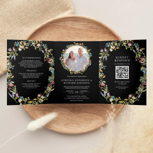 Rustic Boho Wildflower Photo QR Code Black Wedding Tri-Fold Invitation
