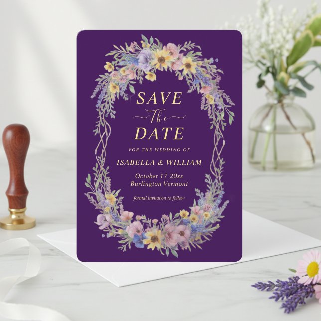 Rustic Boho Wildflower Save The Date Dark Purple Invitation (Creator Uploaded)
