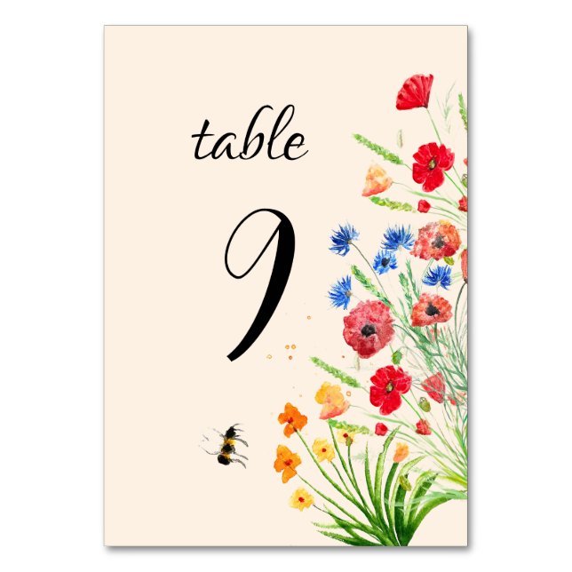 Rustic Boho Wildflower Watercolor Floral Wedding Table Number (Front)