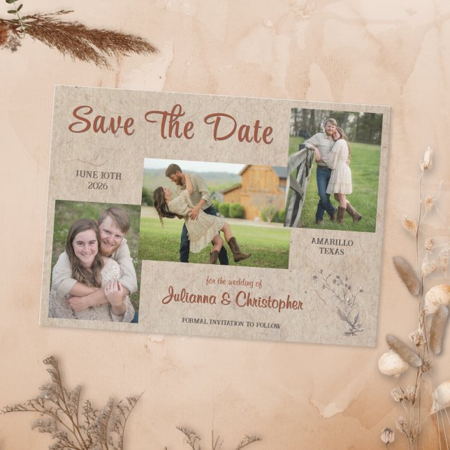 Rustic Boho Wildflowers 3 Photo Terracotta Kraft Save The Date (Creator Uploaded)