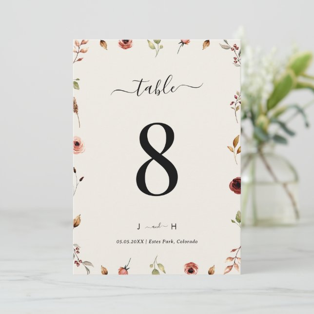 Rustic Boho Wildflowers 5x7 Wedding Table Number  (Standing Front)