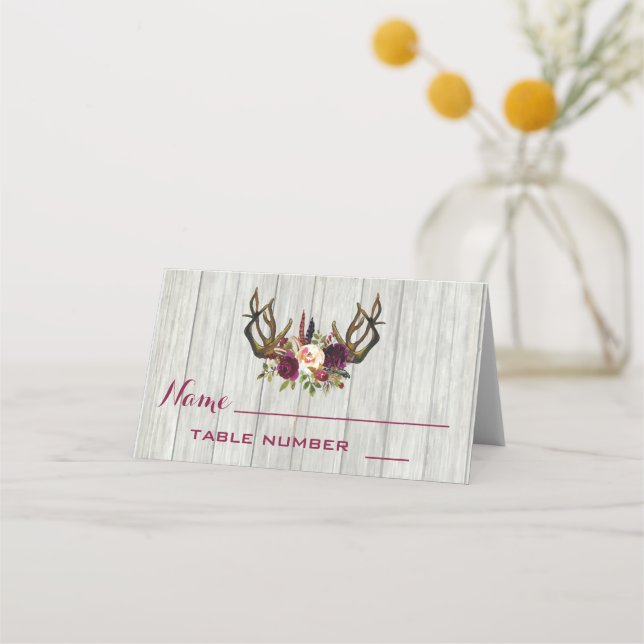 Rustic boho wood antler floral table cards (Front)