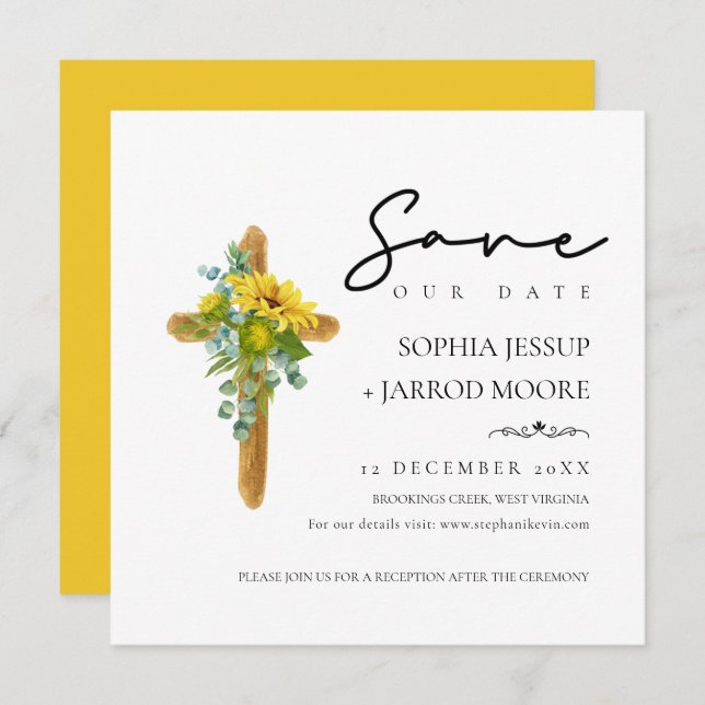 Rustic Boho Wood Cross Sunflower Foliage Wedding Save The Date (Front/Back)