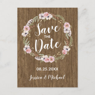 Rustic Boho Wood Floral Save the Date Postcard