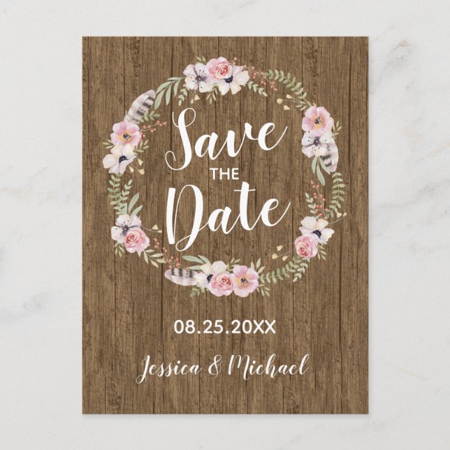 Rustic Boho Wood Floral Save the Date Postcard (Front)