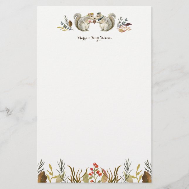 Rustic Boho Woodland Squirrels Watercolor Wedding Stationery (Front)