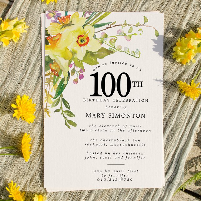 Rustic Boho Yellow Daffodil 100th Birthday Invitation (Creator Uploaded)