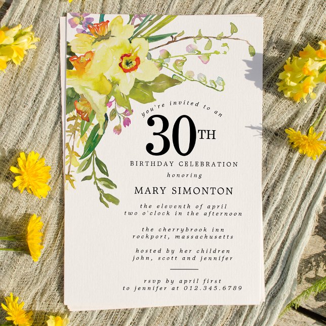 Rustic Boho Yellow Daffodil 30th Birthday Invitation (Creator Uploaded)