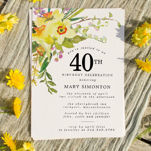Rustic Boho Yellow Daffodil 40th Birthday Invitation