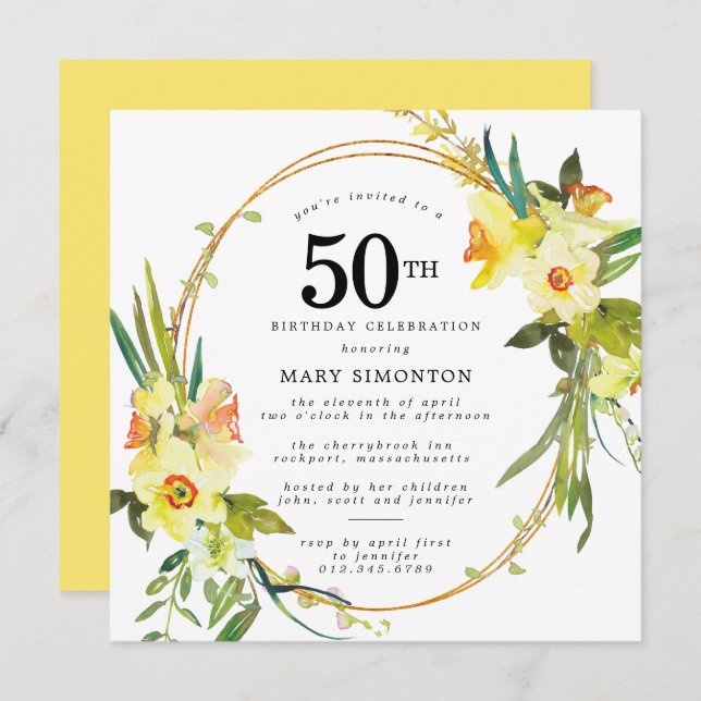 Rustic Boho Yellow Daffodil 50th Birthday Invitation (Front/Back)