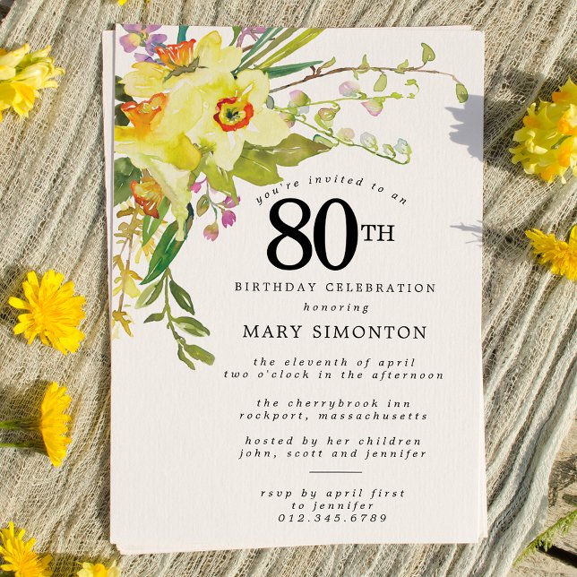 Rustic Boho Yellow Daffodil 80th Birthday Invitation (Creator Uploaded)