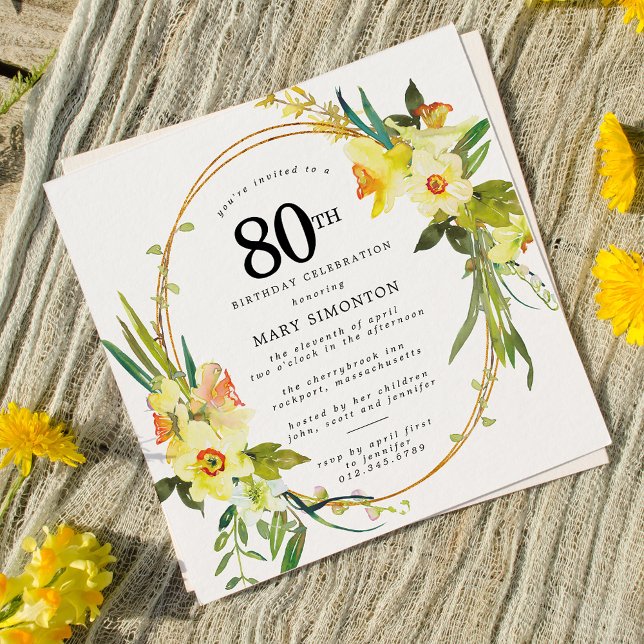 Rustic Boho Yellow Daffodil 80th Birthday Invitation (Creator Uploaded)