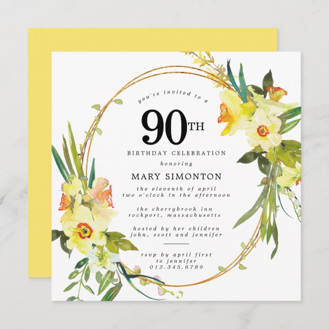 Rustic Boho Yellow Daffodil 90th Birthday Invitation (Front/Back)