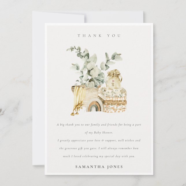 Rustic Boho Yellow Nursery Foliage Baby Shower Thank You Card (Front)