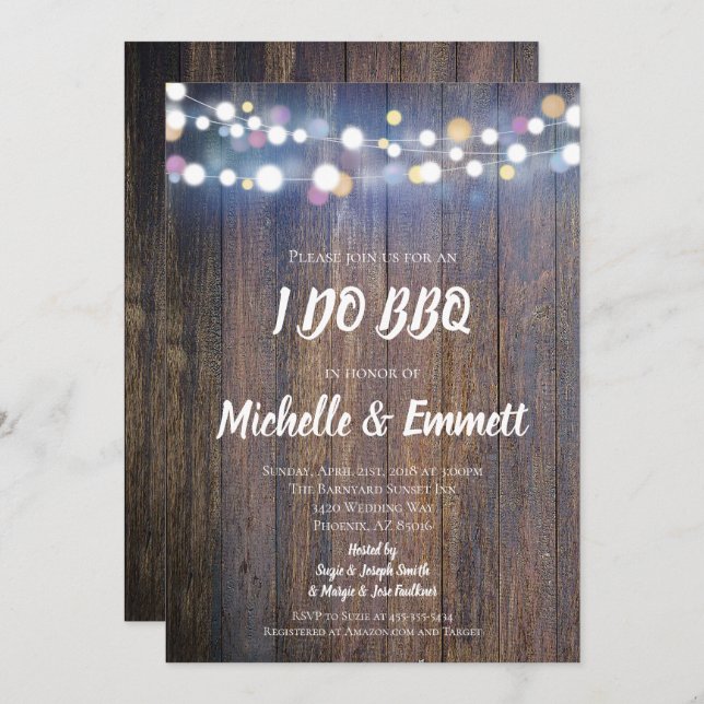 Rustic Bokeh Lights Country Wood I DO BBQ Shower Invitation (Front/Back)