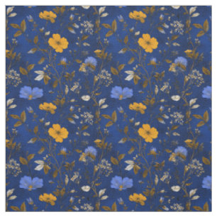 Rustic Bold Navy Blue Botanical Vintage Floral Fabric