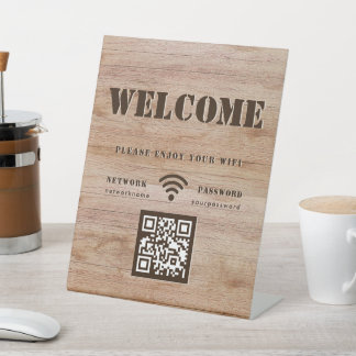 Rustic Bold Wood Grain Welcome WIFI QR Code Pedestal Sign