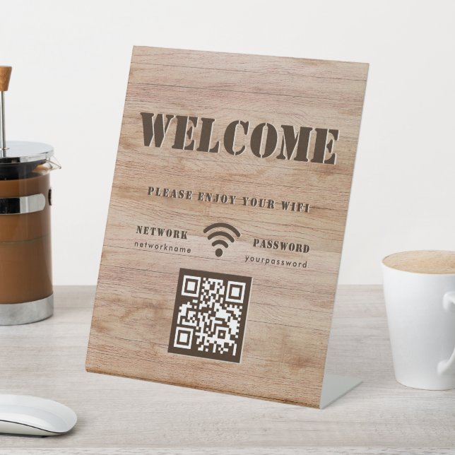 Rustic Bold Wood Grain Welcome WIFI QR Code Pedestal Sign (In SItu)