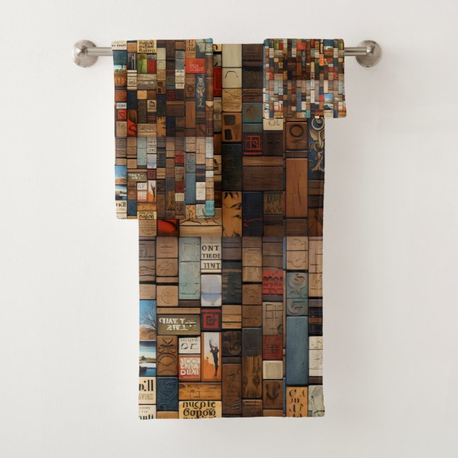Rustic Book and Sign Typography Art Collage Bath Towel Set (Insitu)