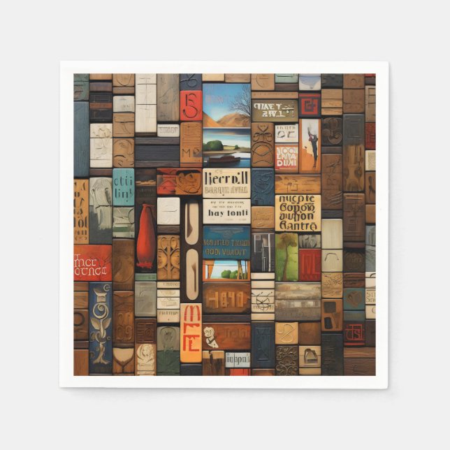 Rustic Book and Sign Typography Art Collage Napkin (Front)
