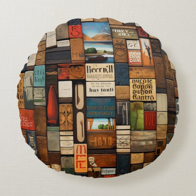 Rustic Book and Sign Typography Art Collage Round Cushion (Front)