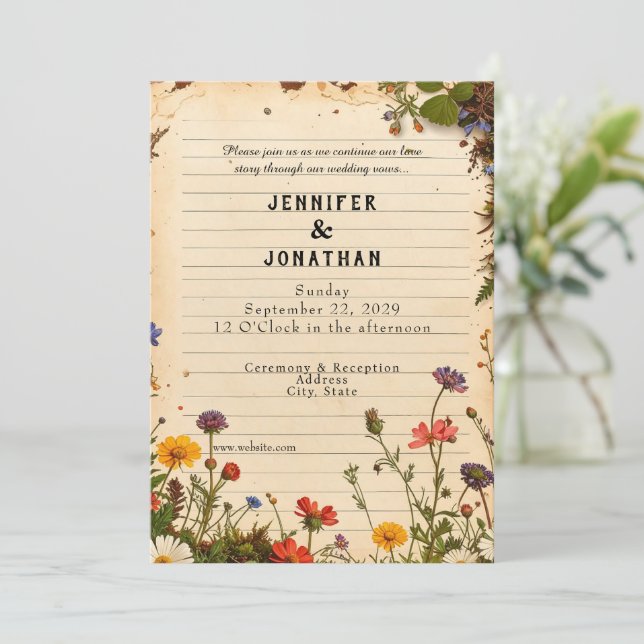 Rustic Book Lovers Print Floral Wedding Invitation (Standing Front)