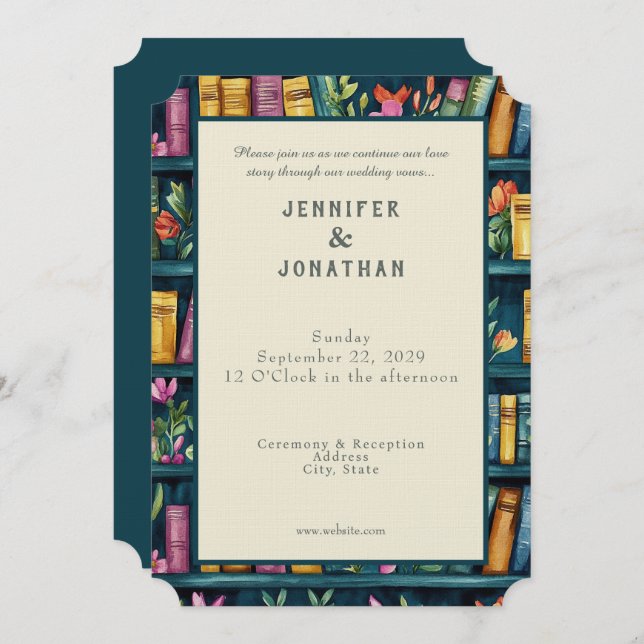 Rustic Book Lovers Print Wedding Invitation (Front/Back)