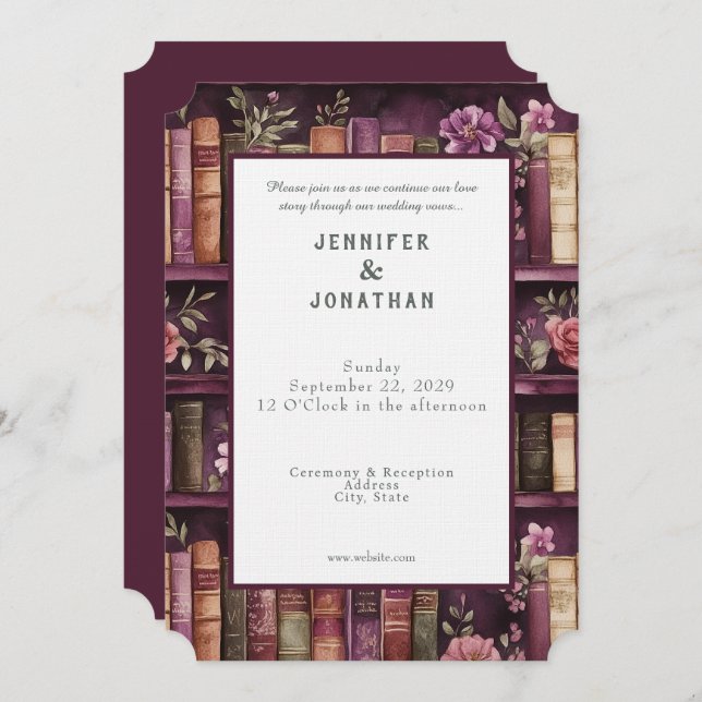 Rustic Book Lovers Print Wedding Invitation (Front/Back)