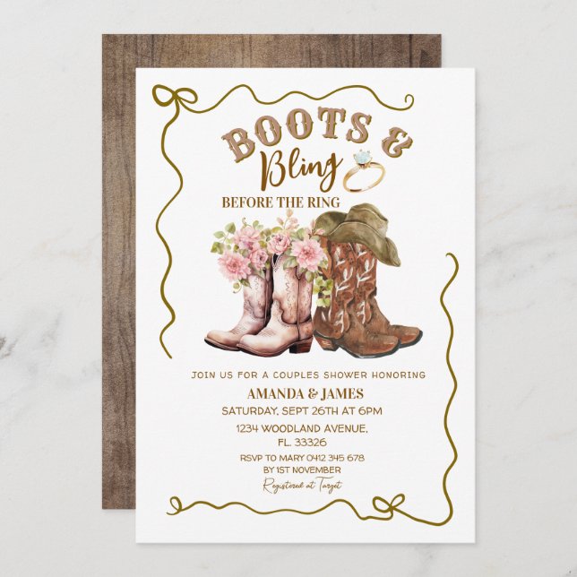 Rustic Boots and Bling Cowboy Couples Shower  Invitation (Front/Back)